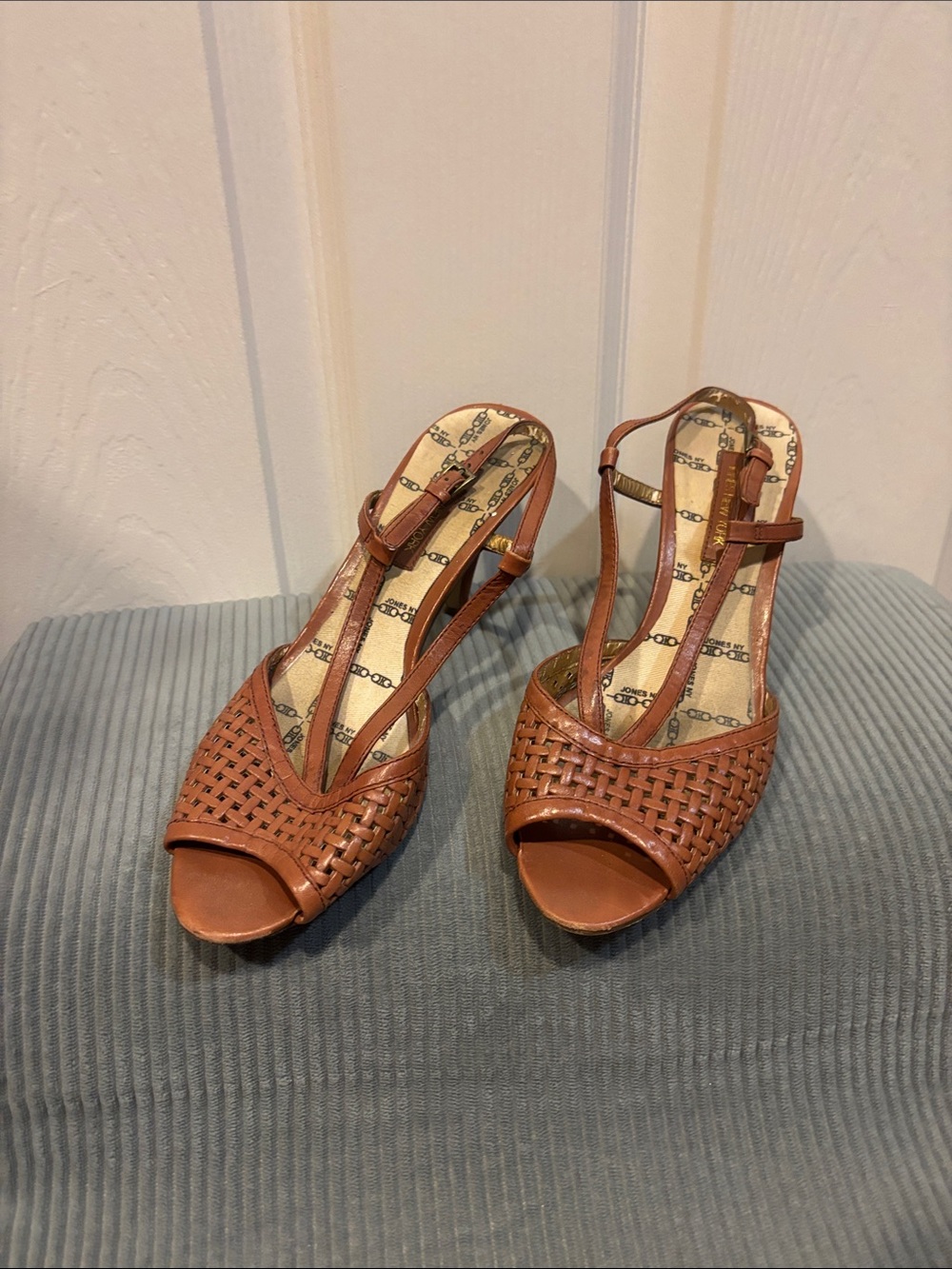 Jones New York Tan Woven Leather Peep-Toe Slingback Heels